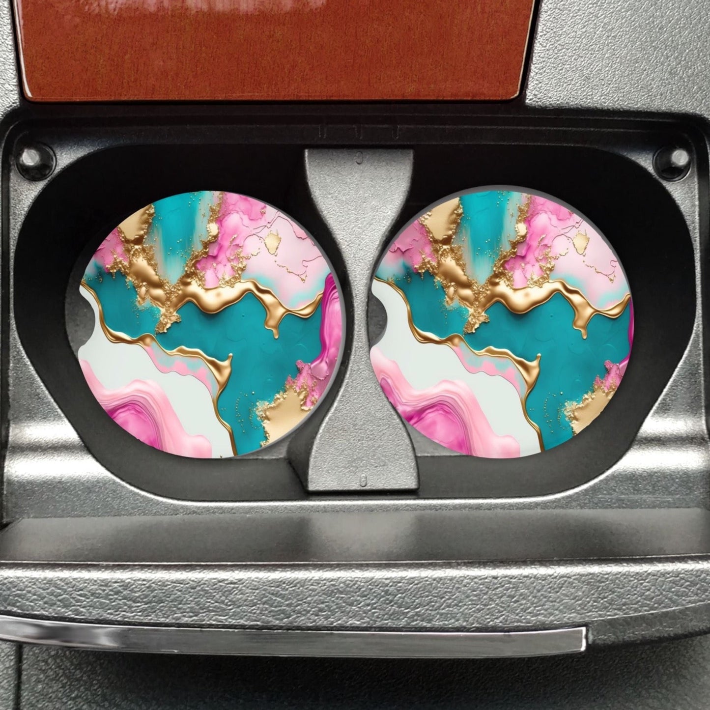 pink teal and gold car cup holder coaster set, cute car accessories