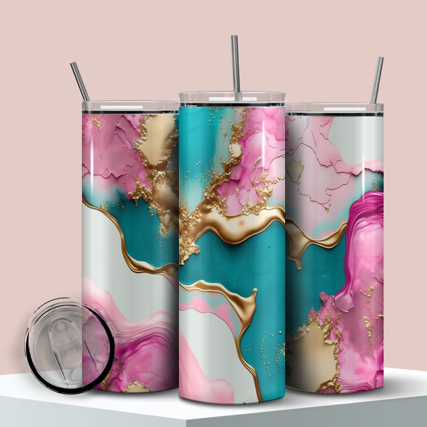 3D Pink Teal and Gold Skinny Tumbler Cup for Iced Coffee or Hot coffee