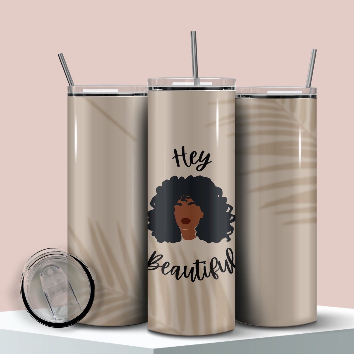 Hey Beautiful Tumbler for Black Woman, Positive Affirmation Travel Coffee Cup; Therapist Gift Idea