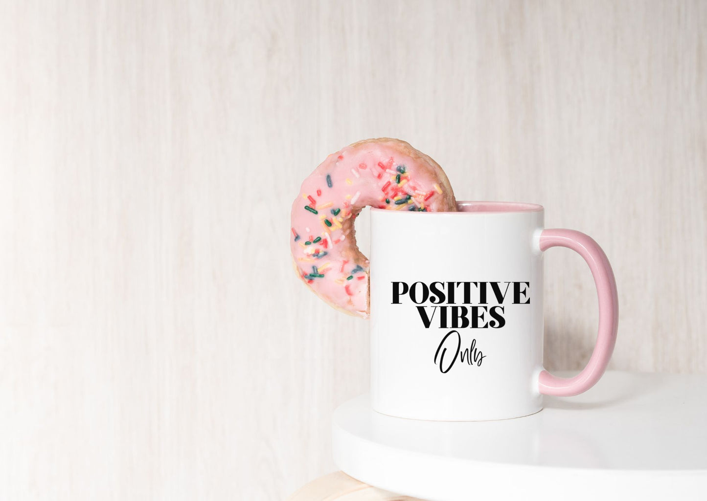Positive Vibes Only Coffee Mug with Pink Handle and Interior, 11 oz. 