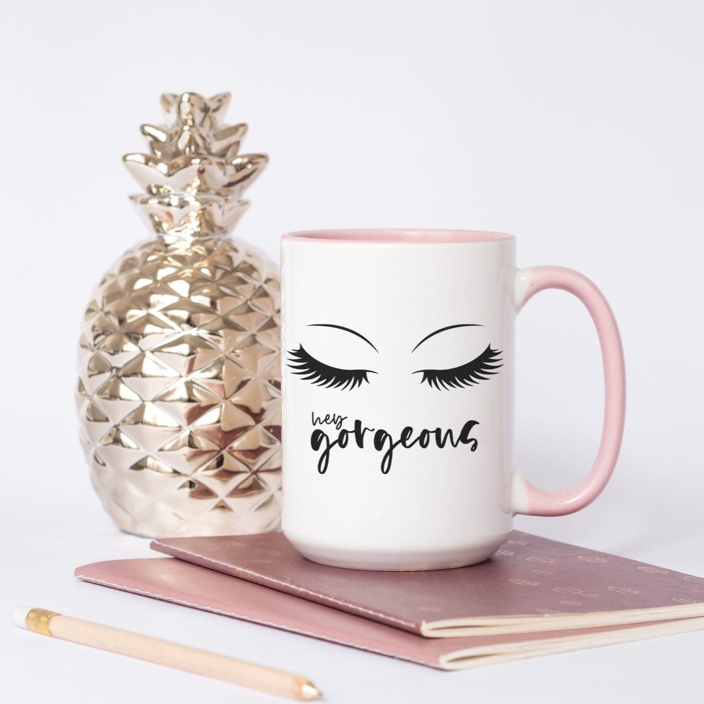 Hello Gorgeous Coffee Mug with Eyelashes,, Pink Handle & Exterior, 15 oz.
